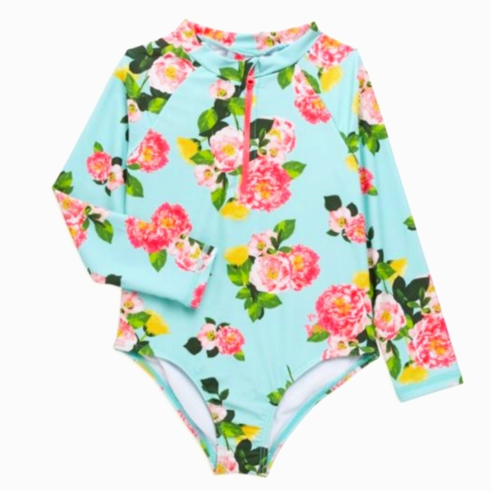 NEW! BETSEY JOHNSON Girl's Floral Long Sleeve Rash-Guard One-Piece Swimsuit 10.